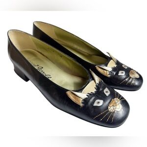 Vintage 80s Cat Face Shoes, Size 7.5 Margaret Jerrold Patten Leather Flats